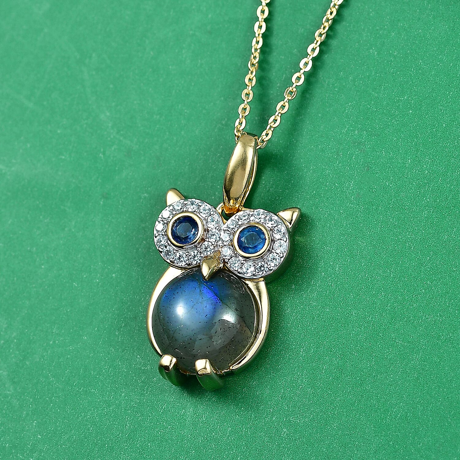 GP Malagasy Labradorite and Multi Gemstone 4.70 ctw Owl Pendant Necklace in 18K Vermeil Yellow Gold Over Sterling Silver (20 Inches)