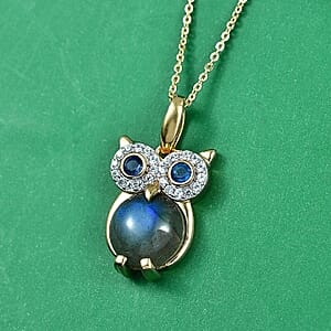 GP Malagasy Labradorite and Multi Gemstone 4.70 ctw Owl Pendant Necklace in 18K Vermeil Yellow Gold Over Sterling Silver (20 Inches)