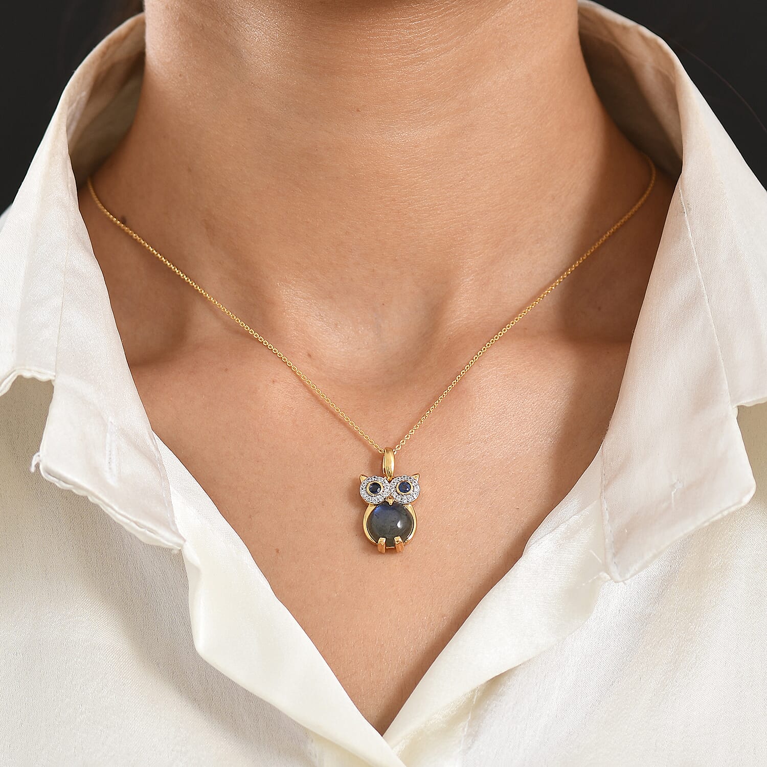 GP Malagasy Labradorite and Multi Gemstone 4.70 ctw Owl Pendant Necklace in 18K Vermeil Yellow Gold Over Sterling Silver (20 Inches)