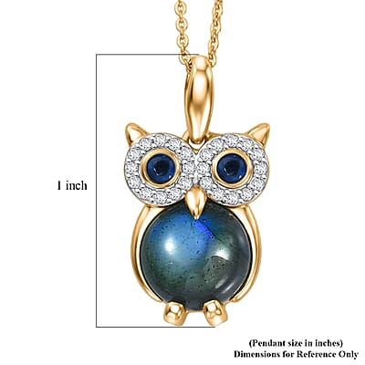 GP Malagasy Labradorite and Multi Gemstone 4.70 ctw Owl Pendant Necklace in 18K Vermeil Yellow Gold Over Sterling Silver (20 Inches)