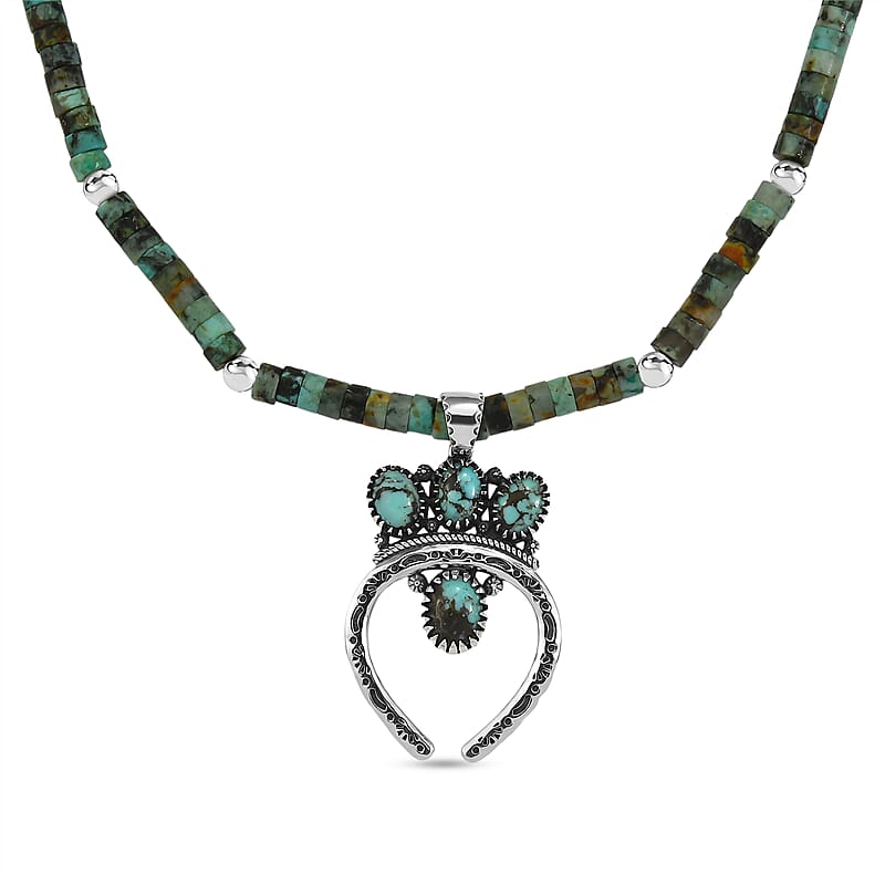 D'Joy Premium Blue Moon Turquoise Pendant with Royston Turquoise Beaded Necklace in Sterling Silver 33.50 ctw (20 Inches)