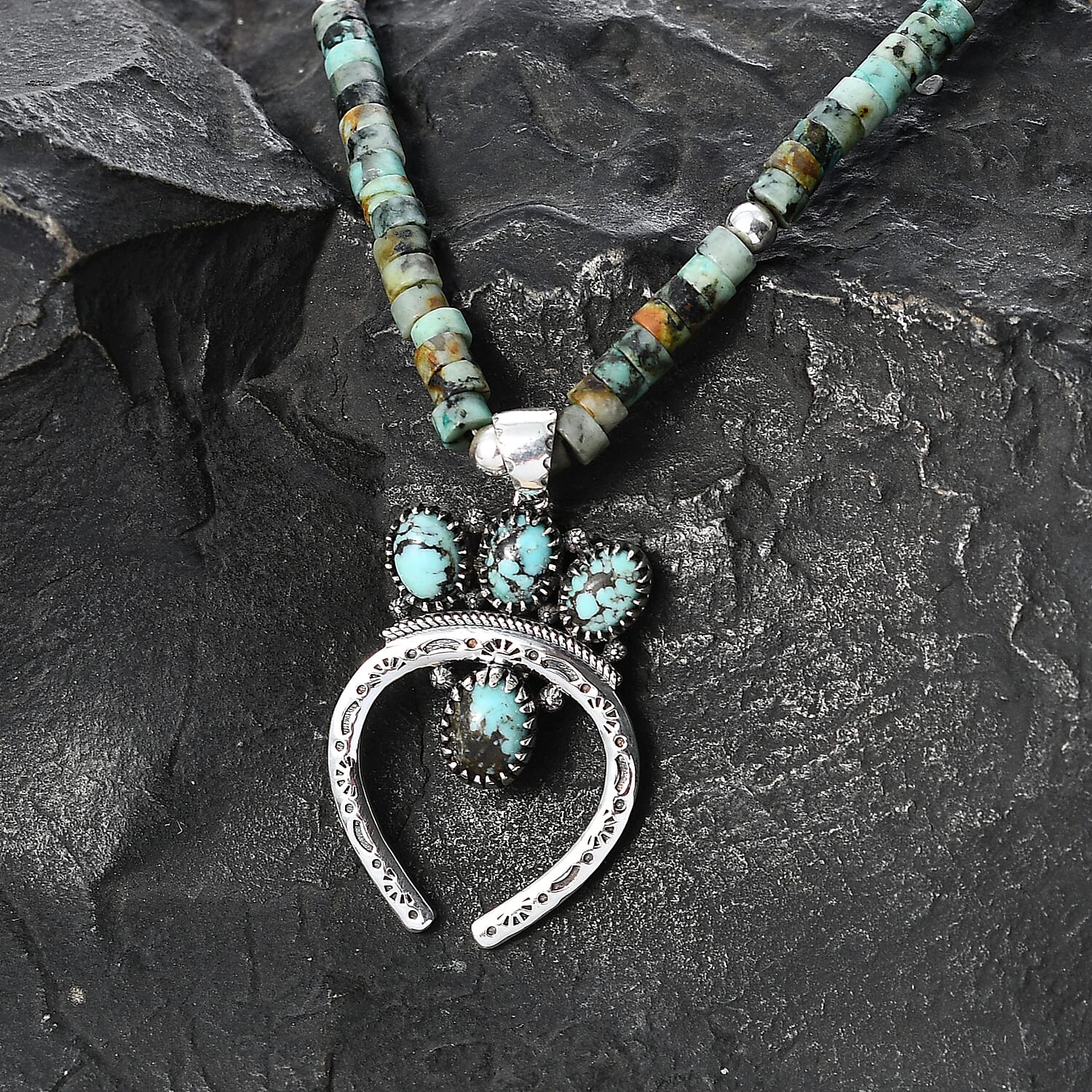 D'Joy Premium Blue Moon Turquoise Pendant with Royston Turquoise Beaded Necklace in Sterling Silver 33.50 ctw (20 Inches)