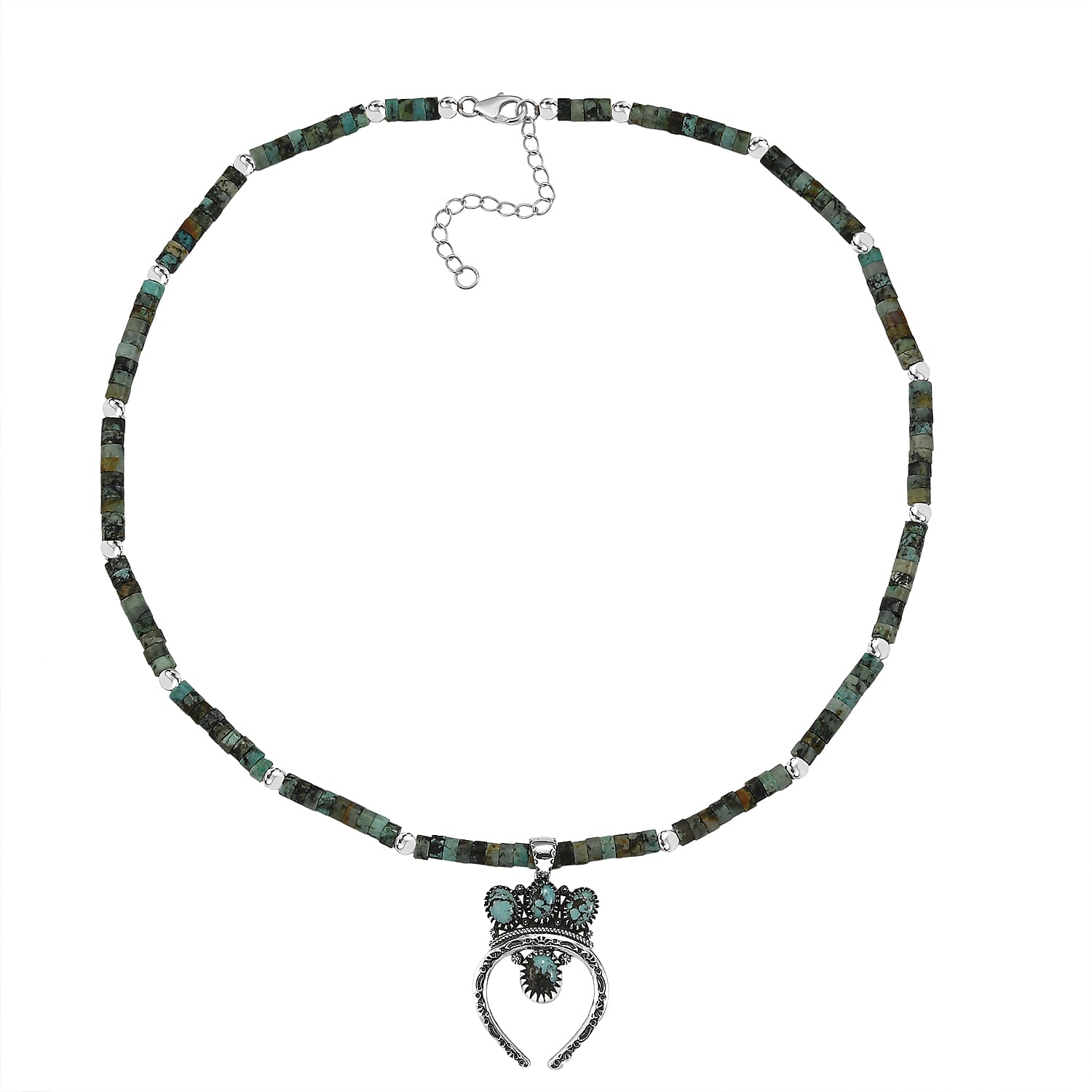 D'Joy Premium Blue Moon Turquoise Pendant with Royston Turquoise Beaded Necklace in Sterling Silver 33.50 ctw (20 Inches)