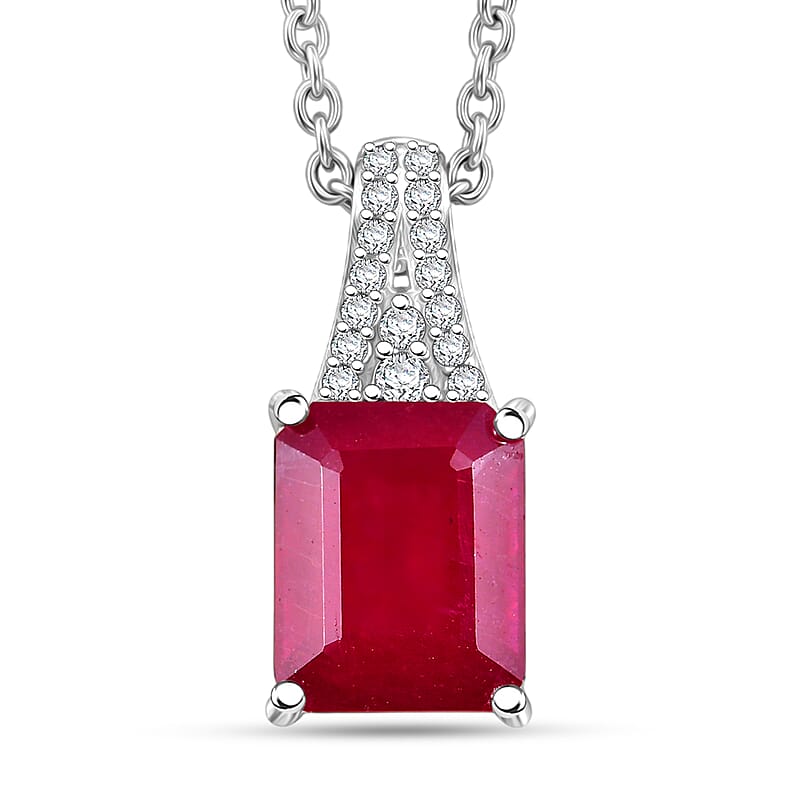 EverTrue Niassa Ruby (FF) and White Zircon 3.90 ctw Bridge Architecture Pendant in Platinum Bond with Stainless Steel Necklace 20 Inches