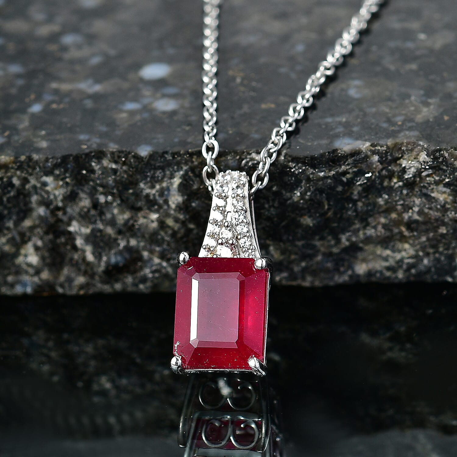 EverTrue Niassa Ruby (FF) and White Zircon 3.90 ctw Bridge Architecture Pendant in Platinum Bond with Stainless Steel Necklace 20 Inches