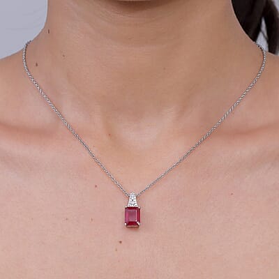 EverTrue Niassa Ruby (FF) and White Zircon 3.90 ctw Bridge Architecture Pendant in Platinum Bond with Stainless Steel Necklace 20 Inches