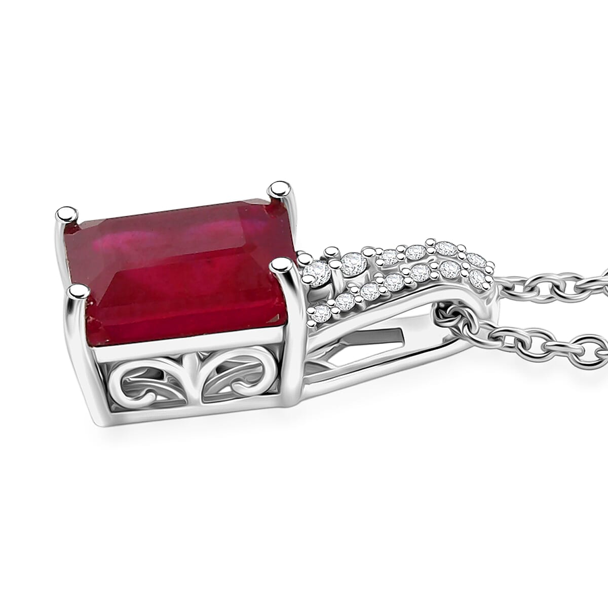 EverTrue Niassa Ruby (FF) and White Zircon 3.90 ctw Bridge Architecture Pendant in Platinum Bond with Stainless Steel Necklace 20 Inches