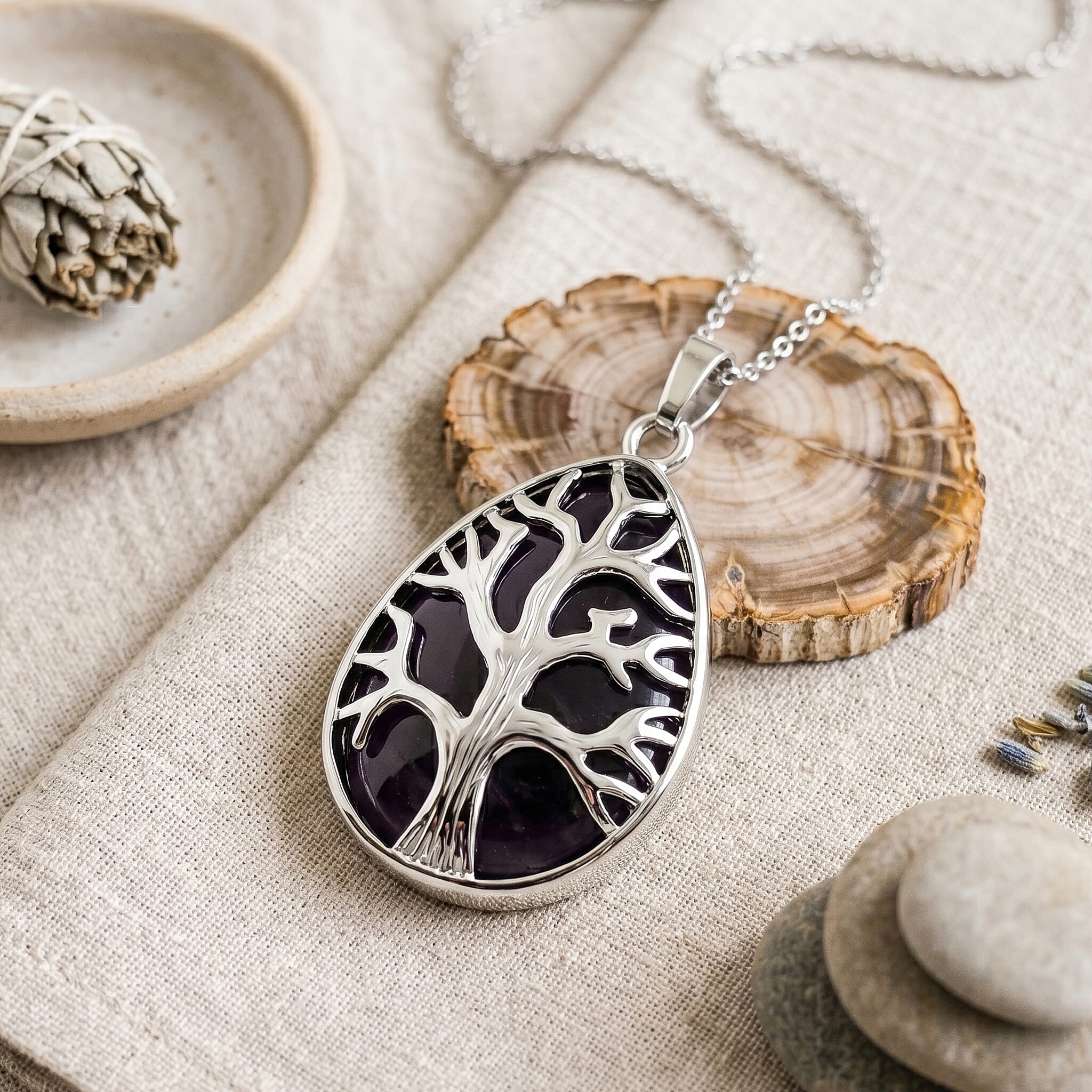 African Amethyst 45.00 ctw Pendant in Silvertone with Stainless Steel Necklace 20 Inches