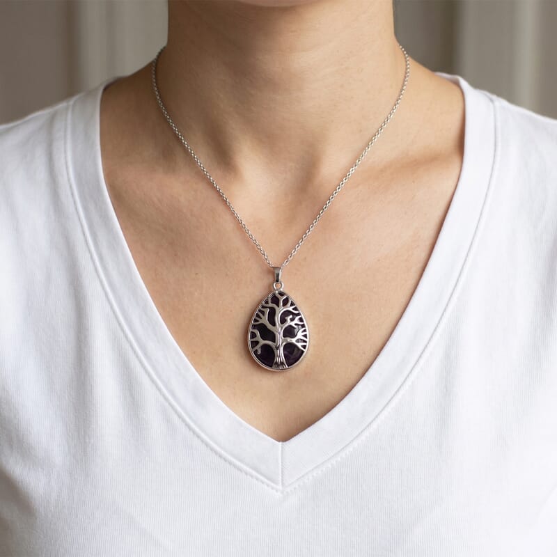 African Amethyst 45.00 ctw Pendant in Silvertone with Stainless Steel Necklace 20 Inches