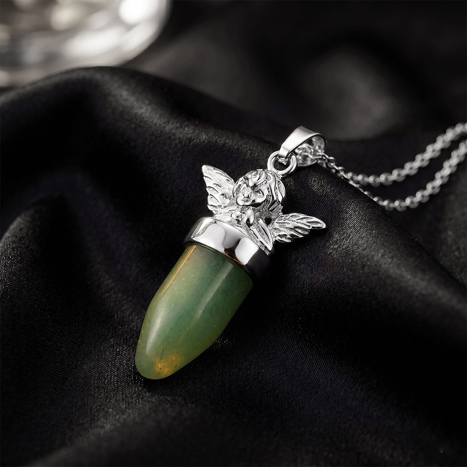 Green Aventurine 28.00 ctw Pendant in Silvertone with Stainless Steel Necklace 20 Inches