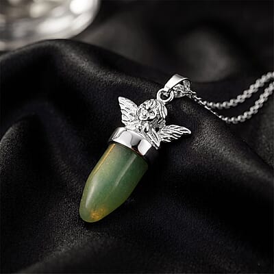 Green Aventurine 28.00 ctw Pendant in Silvertone with Stainless Steel Necklace 20 Inches