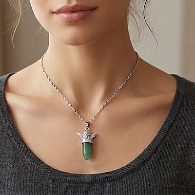 Green Aventurine 28.00 ctw Pendant in Silvertone with Stainless Steel Necklace 20 Inches