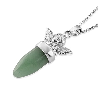 Green Aventurine 28.00 ctw Pendant in Silvertone with Stainless Steel Necklace 20 Inches