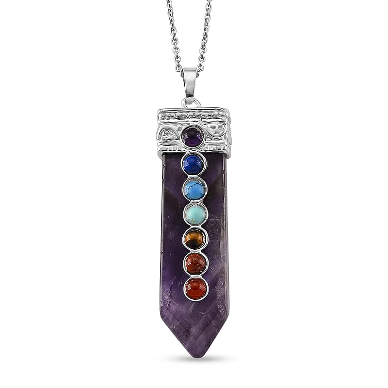 African Amethyst and Multi Gemstone 48.00 ctw Pendant in Silvertone with Stainless Steel Necklace 20 Inches