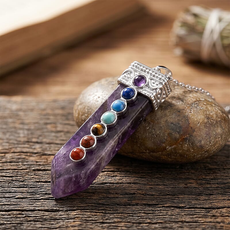 African Amethyst and Multi Gemstone 48.00 ctw Pendant in Silvertone with Stainless Steel Necklace 20 Inches