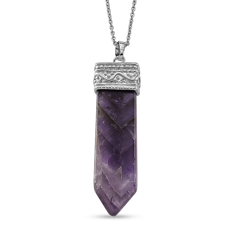 African Amethyst and Multi Gemstone 48.00 ctw Pendant in Silvertone with Stainless Steel Necklace 20 Inches