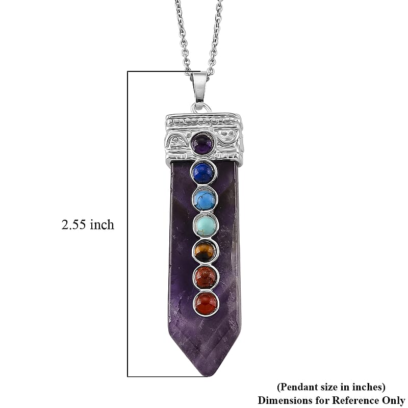 African Amethyst and Multi Gemstone 48.00 ctw Pendant in Silvertone with Stainless Steel Necklace 20 Inches