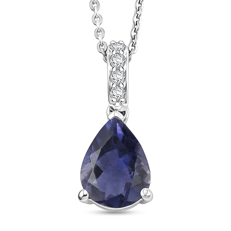 D'Joy Premium Catalina Iolite and White Zircon 1.75 ctw Pendant Necklace in Rhodium Over Sterling Silver 20 Inches
