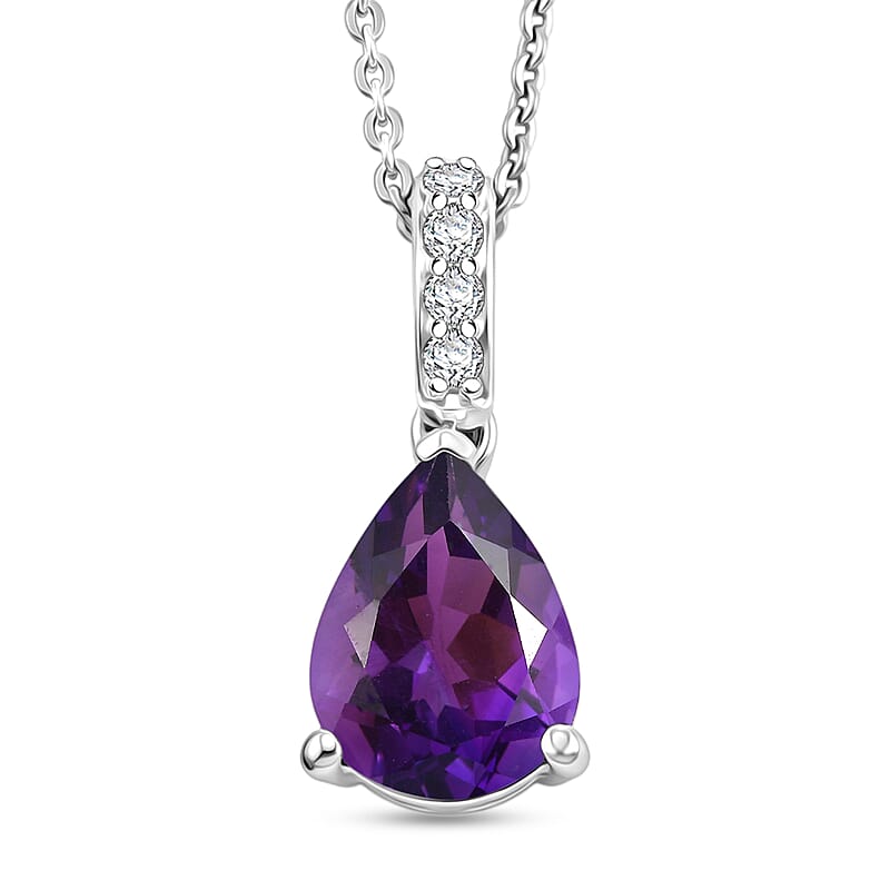 D'Joy Premium Lusaka Amethyst and White Zircon 1.75 ctw Pendant Necklace in Rhodium Over Sterling Silver 20 Inches