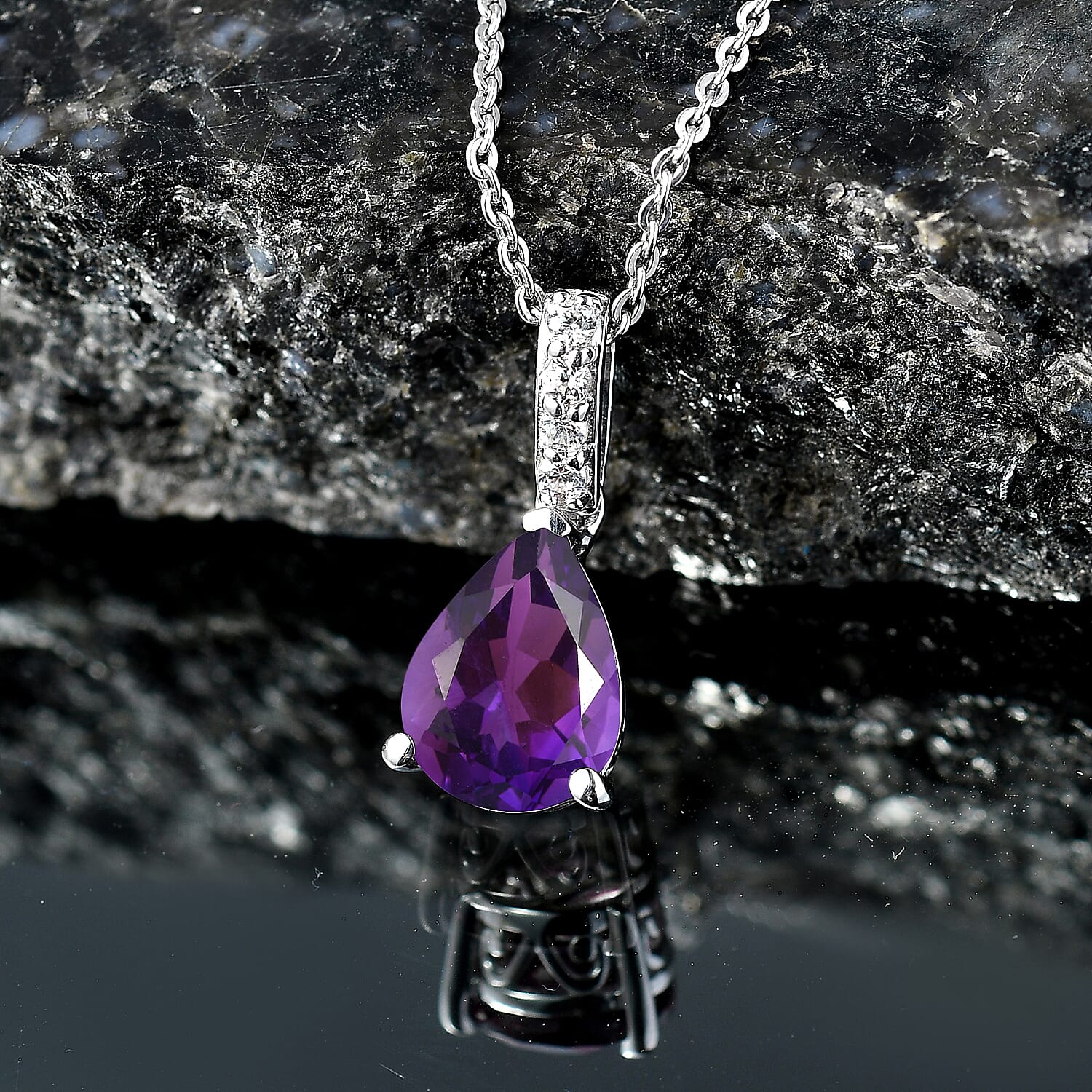 D'Joy Premium Lusaka Amethyst and White Zircon 1.75 ctw Pendant Necklace in Rhodium Over Sterling Silver 20 Inches