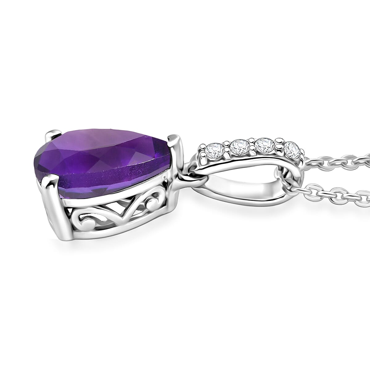D'Joy Premium Lusaka Amethyst and White Zircon 1.75 ctw Pendant Necklace in Rhodium Over Sterling Silver 20 Inches