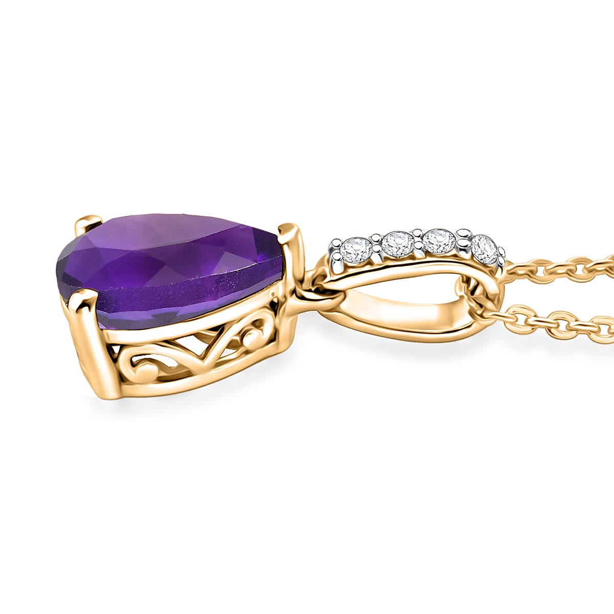 D'Joy Premium Lusaka Amethyst and White Zircon Pendant Necklace (20 Inches) in 18K Vermeil Yellow Gold Over Sterling Silver 1.75 ctw image number 3