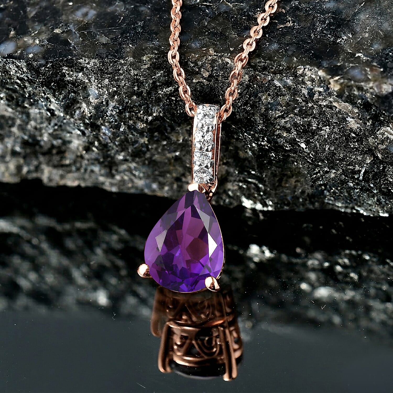 D'Joy Premium Lusaka Amethyst and White Zircon 1.75 ctw Pendant Necklace in 18K Vermeil Rose Gold Over Sterling Silver 20 Inches