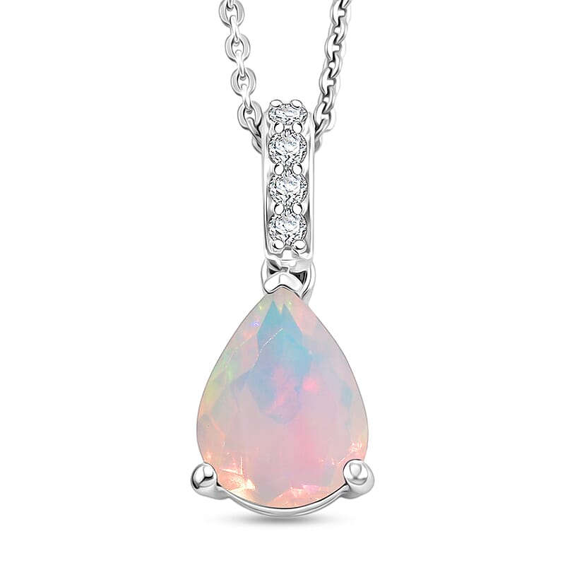 D'Joy Premium Ethiopian Welo Opal and White Zircon 1.40 ctw Pendant Necklace in Rhodium Over Sterling Silver 20 Inches
