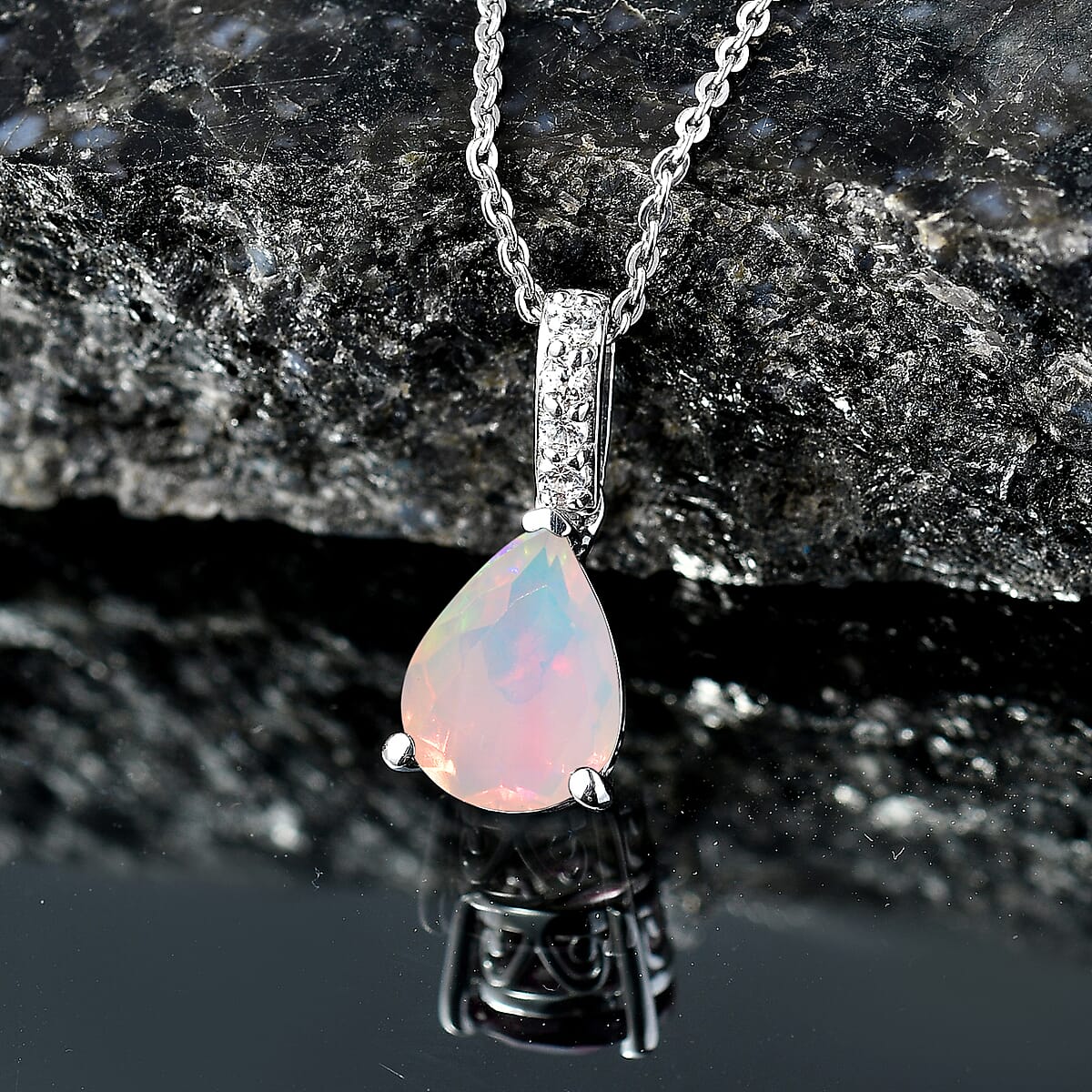 D'Joy Premium Ethiopian Welo Opal and White Zircon 1.40 ctw Pendant Necklace in Rhodium Over Sterling Silver 20 Inches image number 1