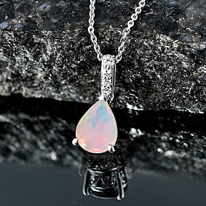 D'Joy Premium Ethiopian Welo Opal and White Zircon 1.40 ctw Pendant Necklace in Rhodium Over Sterling Silver 20 Inches