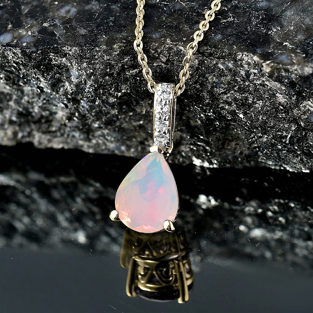D'Joy Premium Ethiopian Welo Opal and White Zircon Pendant Necklace (20 Inches) in 18K Vermeil Yellow Gold Over Sterling Silver 1.40 ctw image number 1