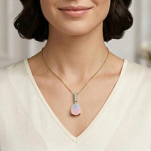 D'Joy Premium Ethiopian Welo Opal and White Zircon Pendant Necklace (20 Inches) in 18K Vermeil Yellow Gold Over Sterling Silver 1.40 ctw