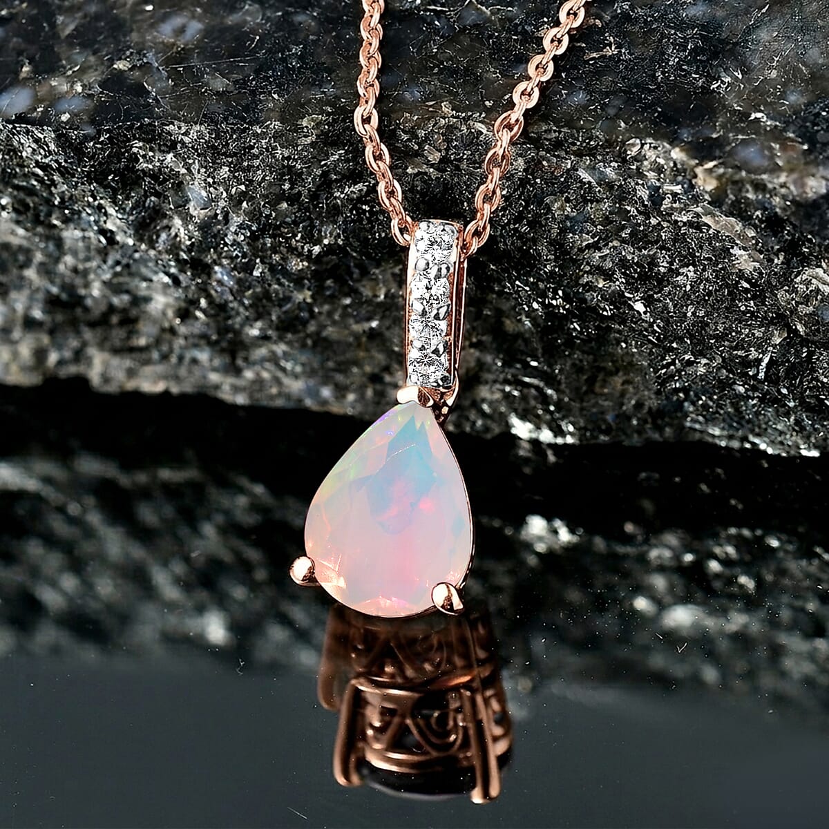D'Joy Premium Ethiopian Welo Opal and White Zircon 1.40 ctw Pendant Necklace in 18K Vermeil Rose Gold Over Sterling Silver 20 Inches image number 1