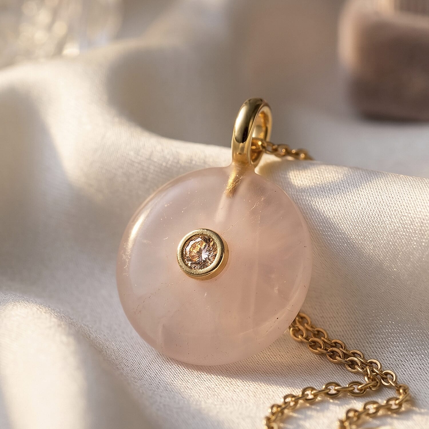 Rose Quartz and Austrian Crystal 16.00 ctw Pendant in Goldtone with ION Plated YG Stainless Steel Necklace 20 Inches