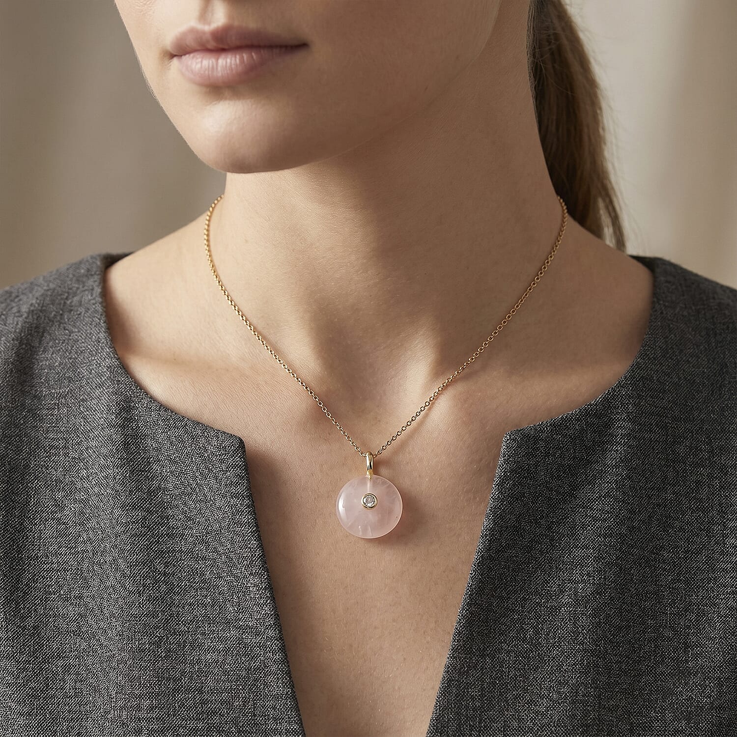 Rose Quartz and Austrian Crystal 16.00 ctw Pendant in Goldtone with ION Plated YG Stainless Steel Necklace 20 Inches