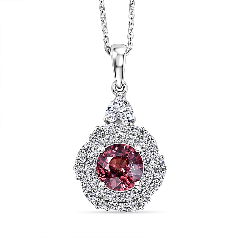 Certified and Appraised Premium Raspberry Zircon and Moissanite 2.80 ctw Pendant Necklace in Rhodium Over Sterling Silver (20 Inches)