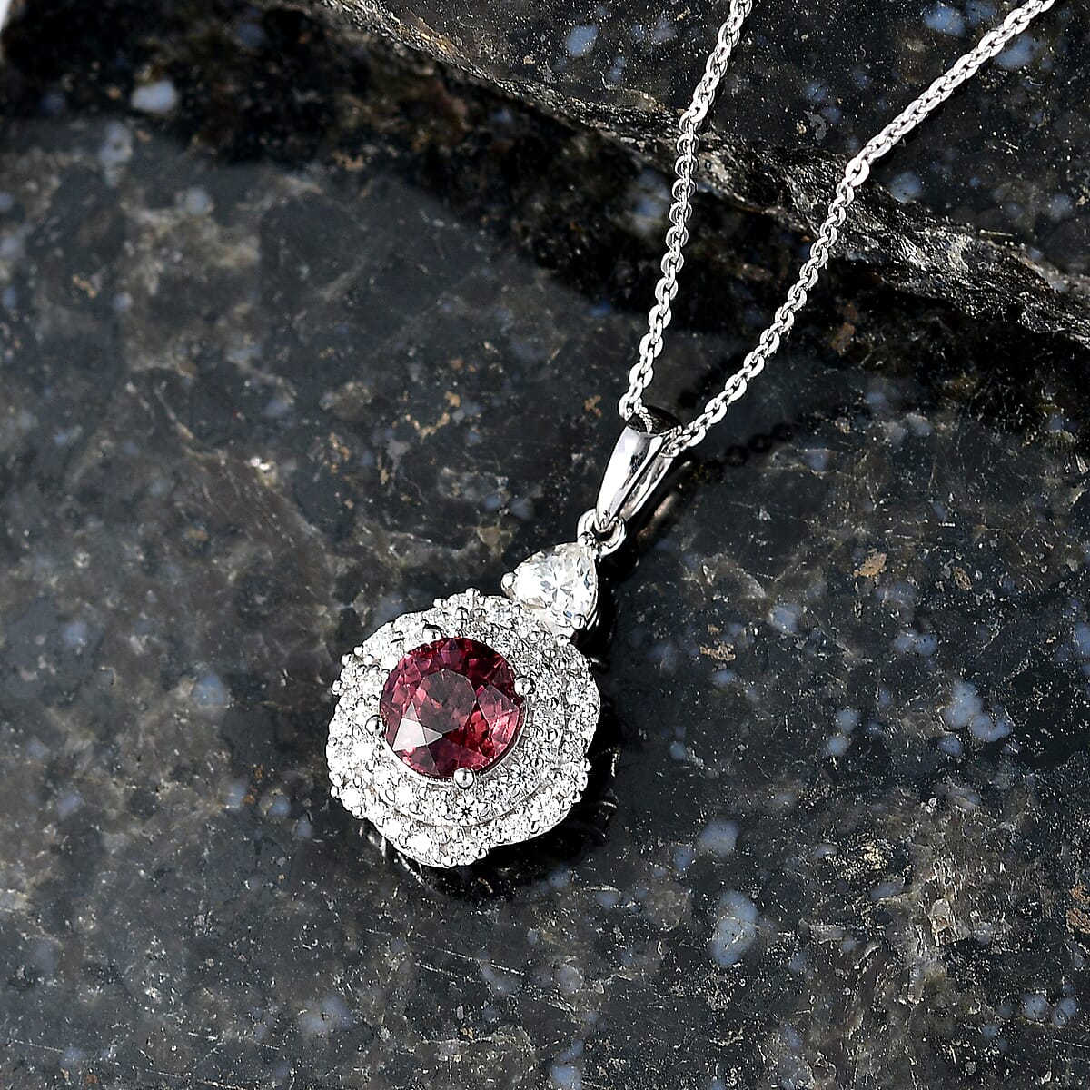 Certified & Appraised Premium Raspberry Zircon and Moissanite 2.80 ctw Pendant Necklace in Rhodium Over Sterling Silver (20 Inches) image number 1