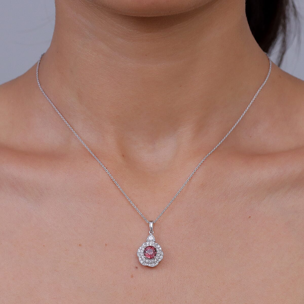 Certified & Appraised Premium Raspberry Zircon and Moissanite 2.80 ctw Pendant Necklace in Rhodium Over Sterling Silver (20 Inches) image number 2