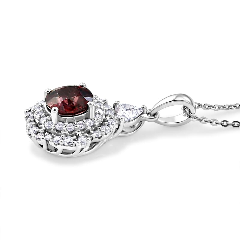 Certified and Appraised Premium Raspberry Zircon and Moissanite 2.80 ctw Pendant Necklace in Rhodium Over Sterling Silver (20 Inches)