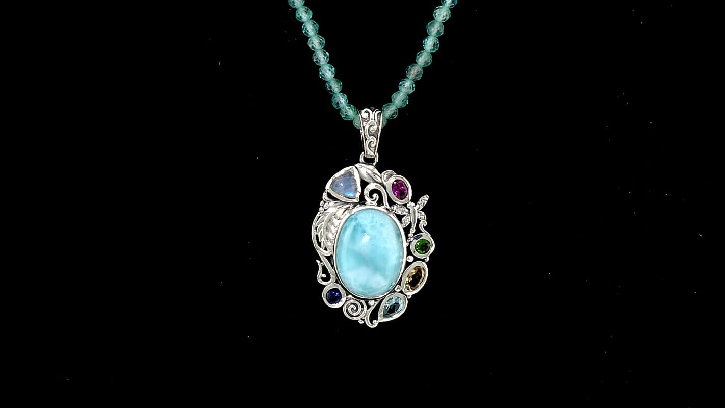 D''Joy AAA Larimar, Multi Gemstone Pendant with Beaded Necklace (20 Inches) in Rhodium Over Sterling Silver 43.40 ctw