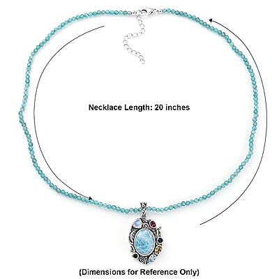 D'Joy AAA Larimar, Multi Gemstone Pendant with Beaded Necklace (20 Inches) in Rhodium Over Sterling Silver 43.40 ctw