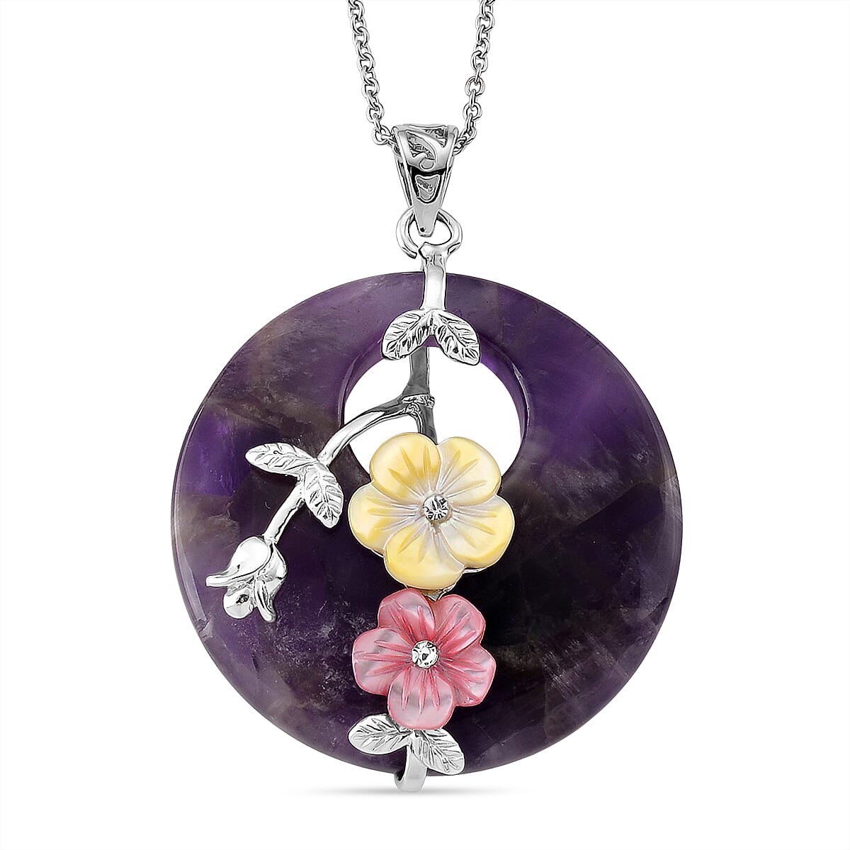 African Amethyst and Multi Gemstone 60.00 ctw Pendant in Silvertone with Stainless Steel Necklace 20 Inches