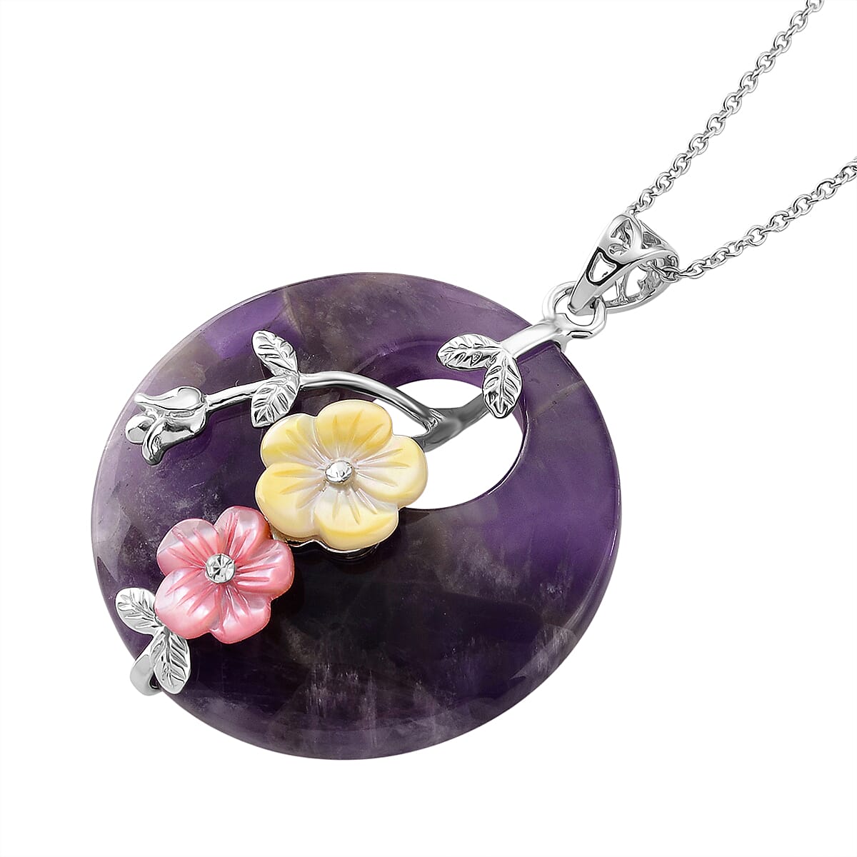 African Amethyst and Multi Gemstone 60.00 ctw Pendant in Silvertone with Stainless Steel Necklace 20 Inches
