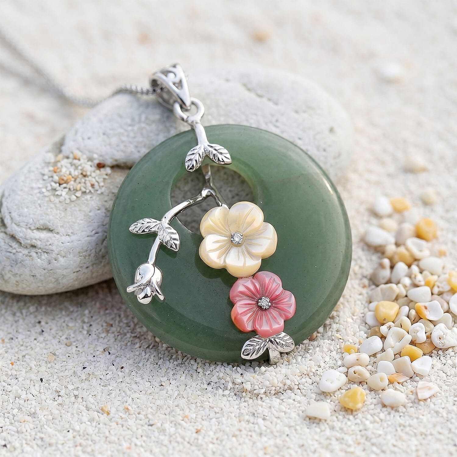 Green Aventurine and Multi Gemstone 60.00 ctw Pendant in Silvertone with Stainless Steel Necklace 20 Inches
