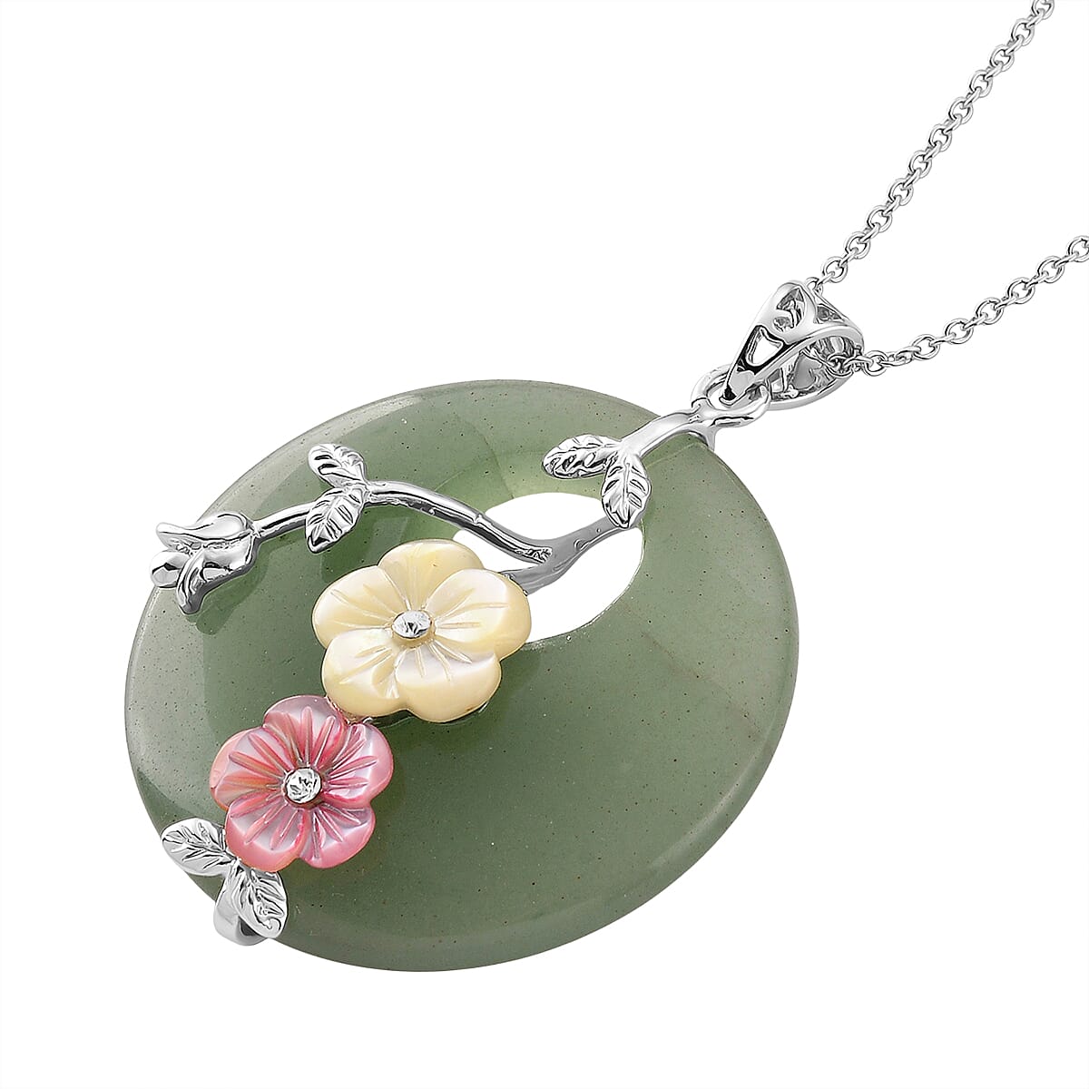 Green Aventurine and Multi Gemstone 60.00 ctw Pendant in Silvertone with Stainless Steel Necklace 20 Inches
