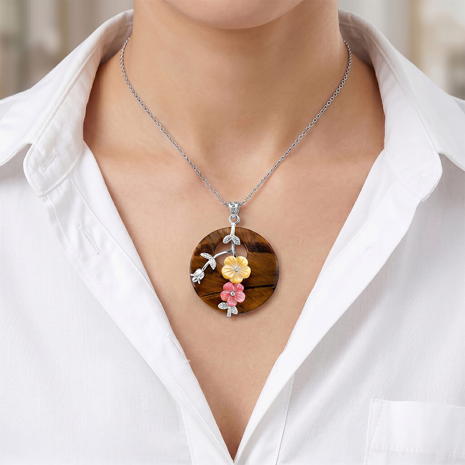 Yellow Tigers Eye and Multi Gemstone 60.00 ctw Pendant in Silvertone with Stainless Steel Necklace 20 Inches