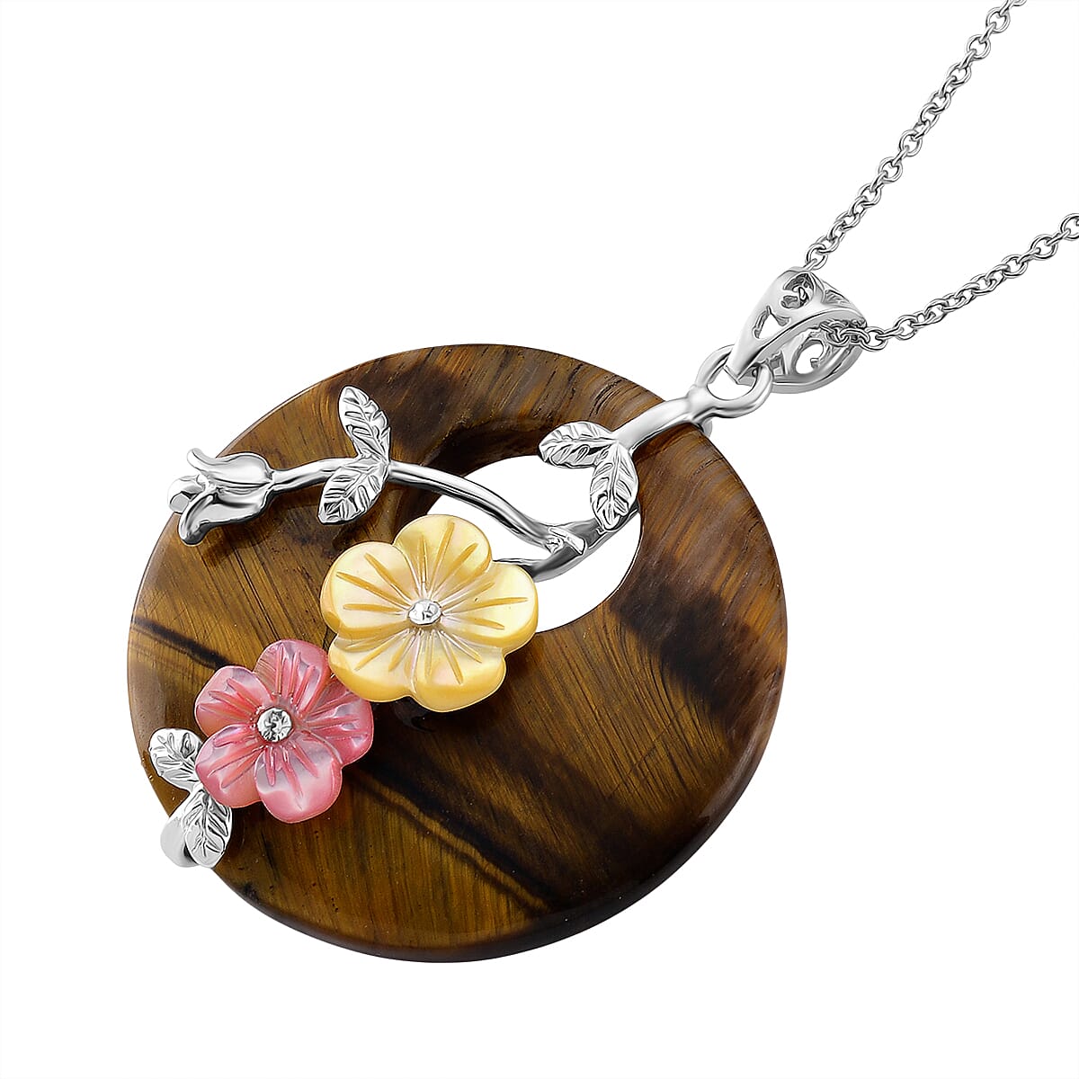 Yellow Tigers Eye and Multi Gemstone 60.00 ctw Pendant in Silvertone with Stainless Steel Necklace 20 Inches