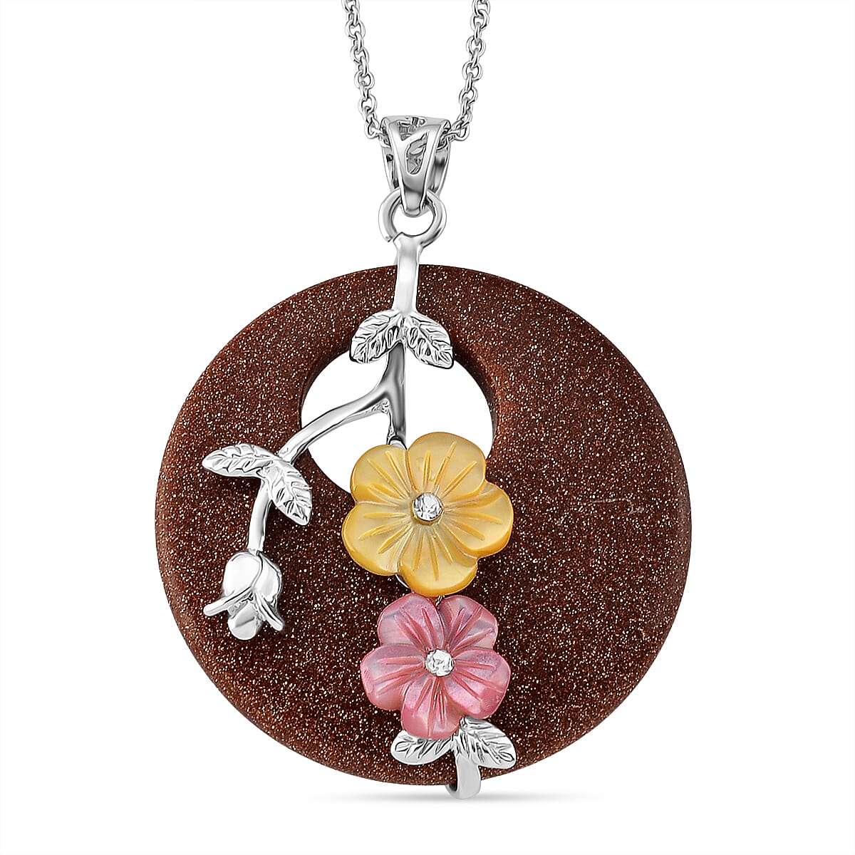 Gold Sandstone and Multi Gemstone 60.00 ctw Pendant in Silvertone with Stainless Steel Necklace 20 Inches