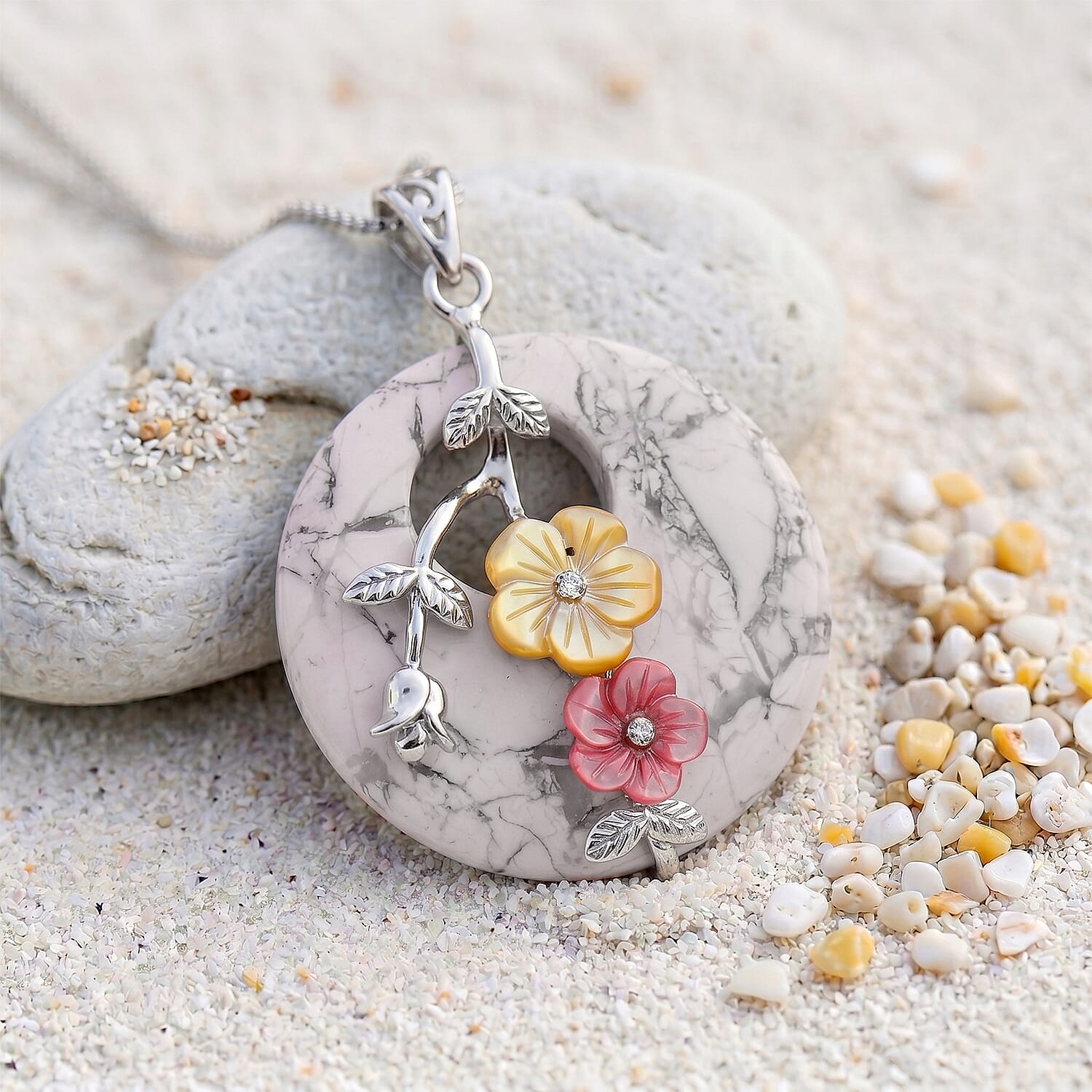 White Howlite and Multi Gemstone 60.00 ctw Pendant in Silvertone with Stainless Steel Necklace 20 Inches