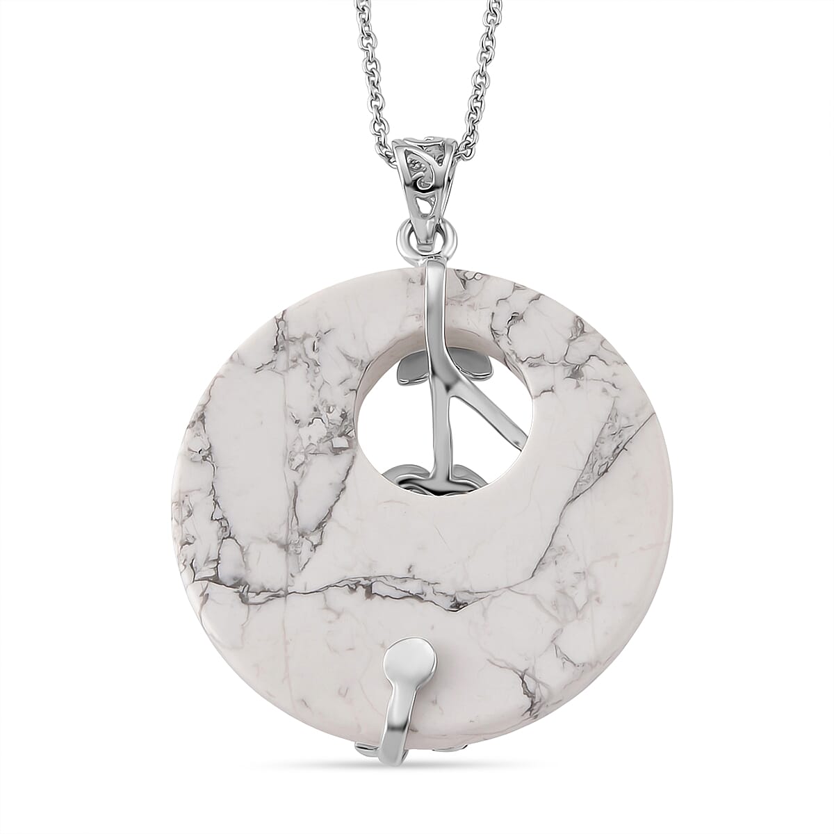 White Howlite and Multi Gemstone 60.00 ctw Pendant in Silvertone with Stainless Steel Necklace 20 Inches